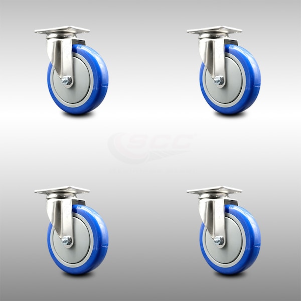 Service Caster 5 Inch 316SS Blue Polyurethane Wheel Swivel Top Plate Caster Set SCC-SS31620S514-PPUB-BLUE-4 - main